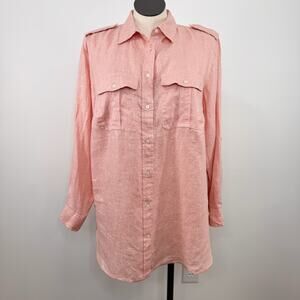 Lauren Ralph Lauren Linen Button Front Blouse Peach Metallic Preppy Top Size 1X